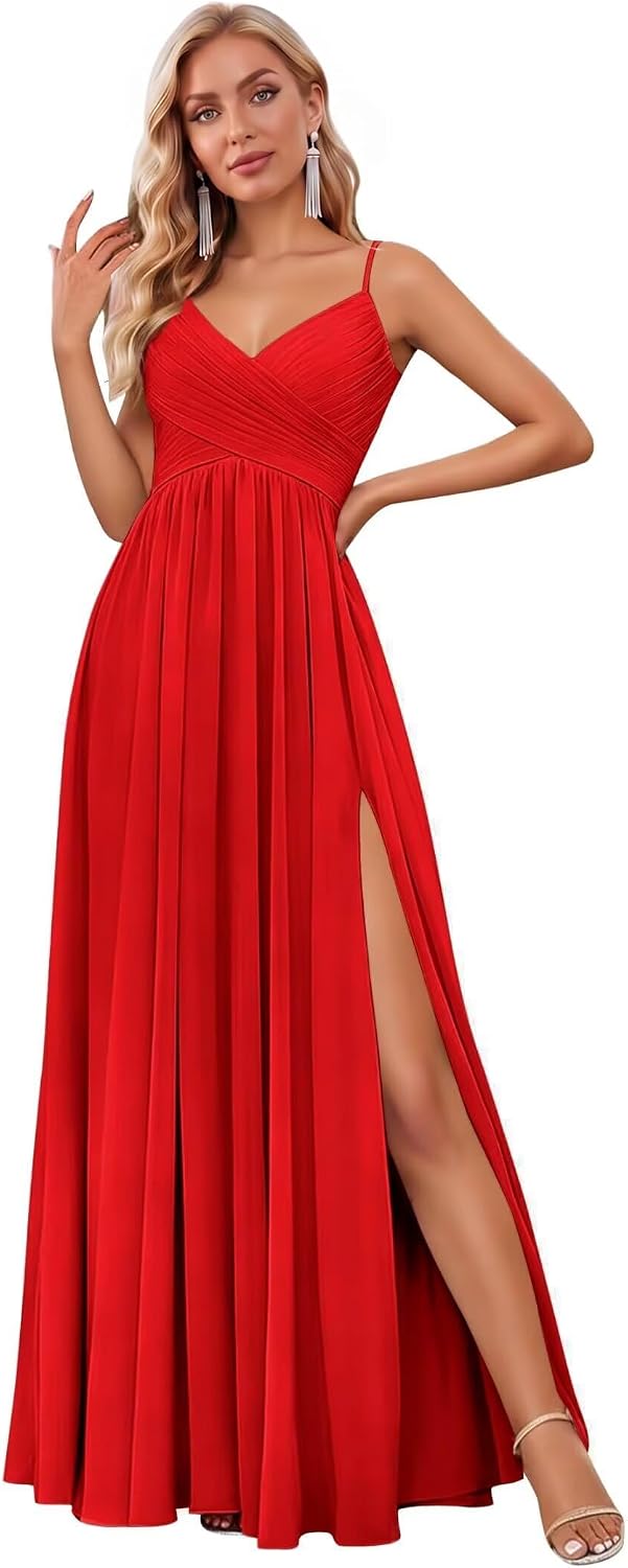 Spaghetti Strap Pleated Chiffon Bridesmaid Dress with V-Neck and Slit