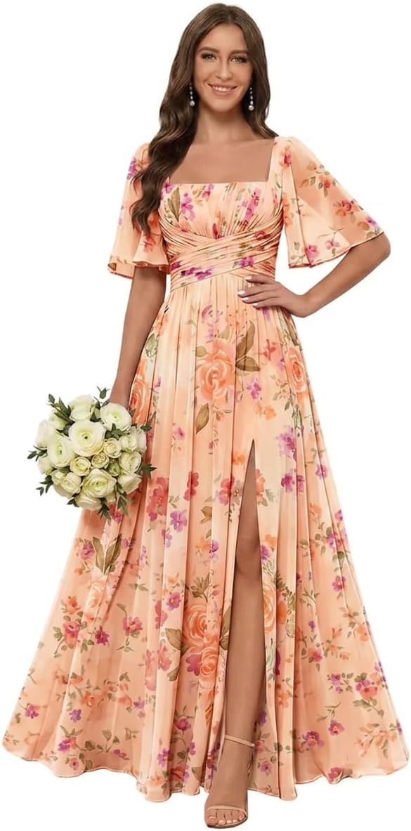 Square Neck Chiffon Bridesmaid Dress with Flutter Sleeves and Slit
