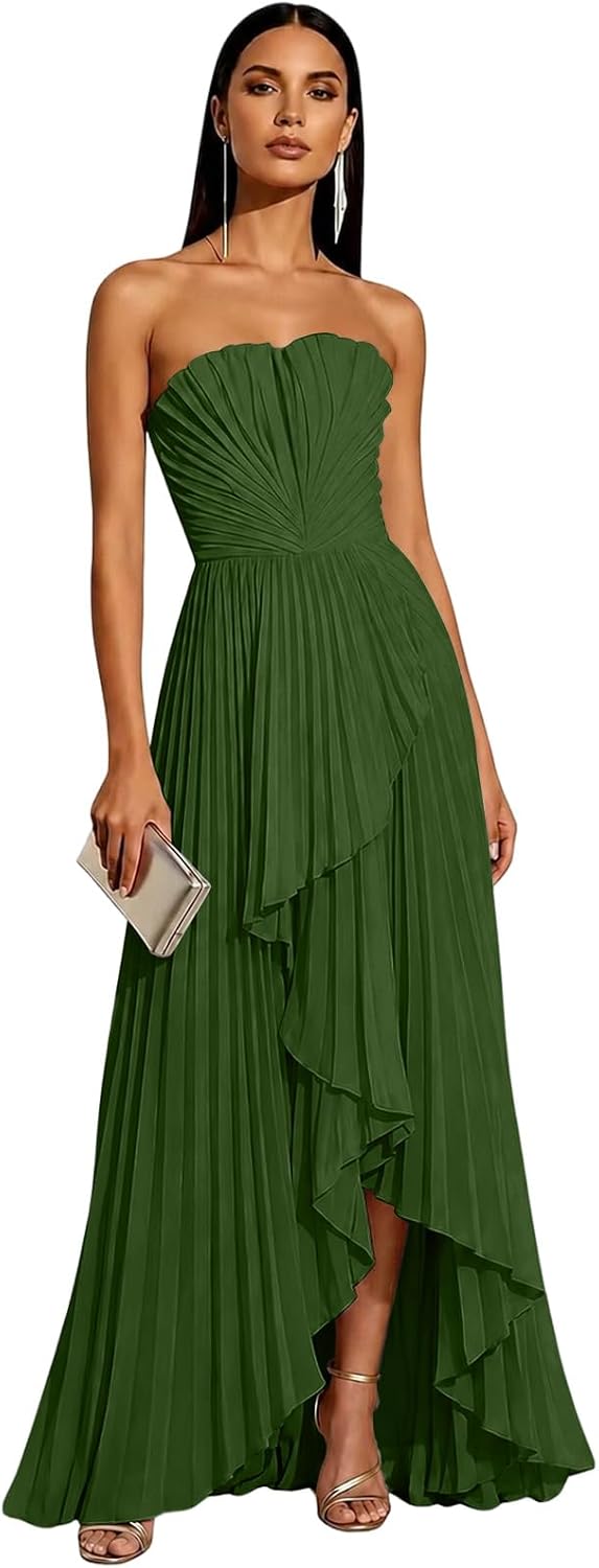 Strapless Chiffon Evening Dress with Pleats and Cascading Ruffle Hem