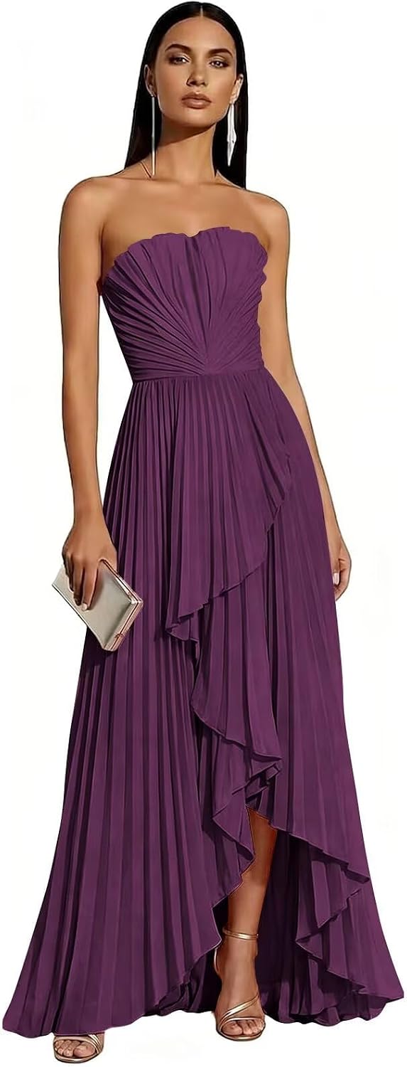 Strapless Chiffon Evening Dress with Pleats and Cascading Ruffle Hem