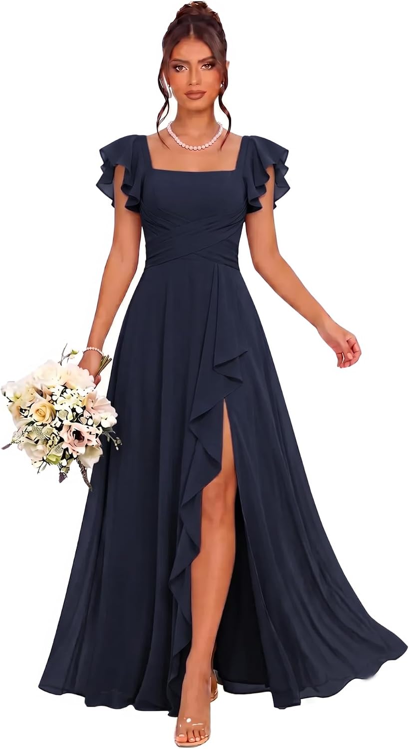 Cascading Ruffle Chiffon Bridesmaid Dress with Flutter Sleeves and Slit