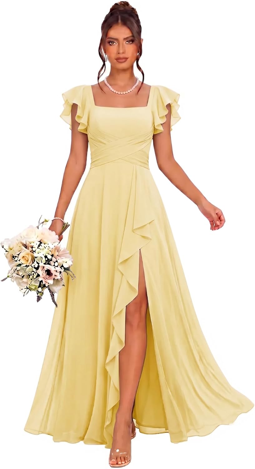 Cascading Ruffle Chiffon Bridesmaid Dress with Flutter Sleeves and Slit