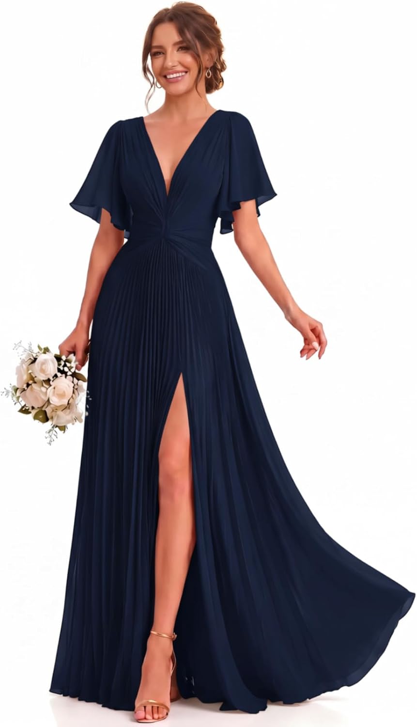 Twist-Front Pleated Chiffon Bridesmaid Dress with Flutter Sleeves