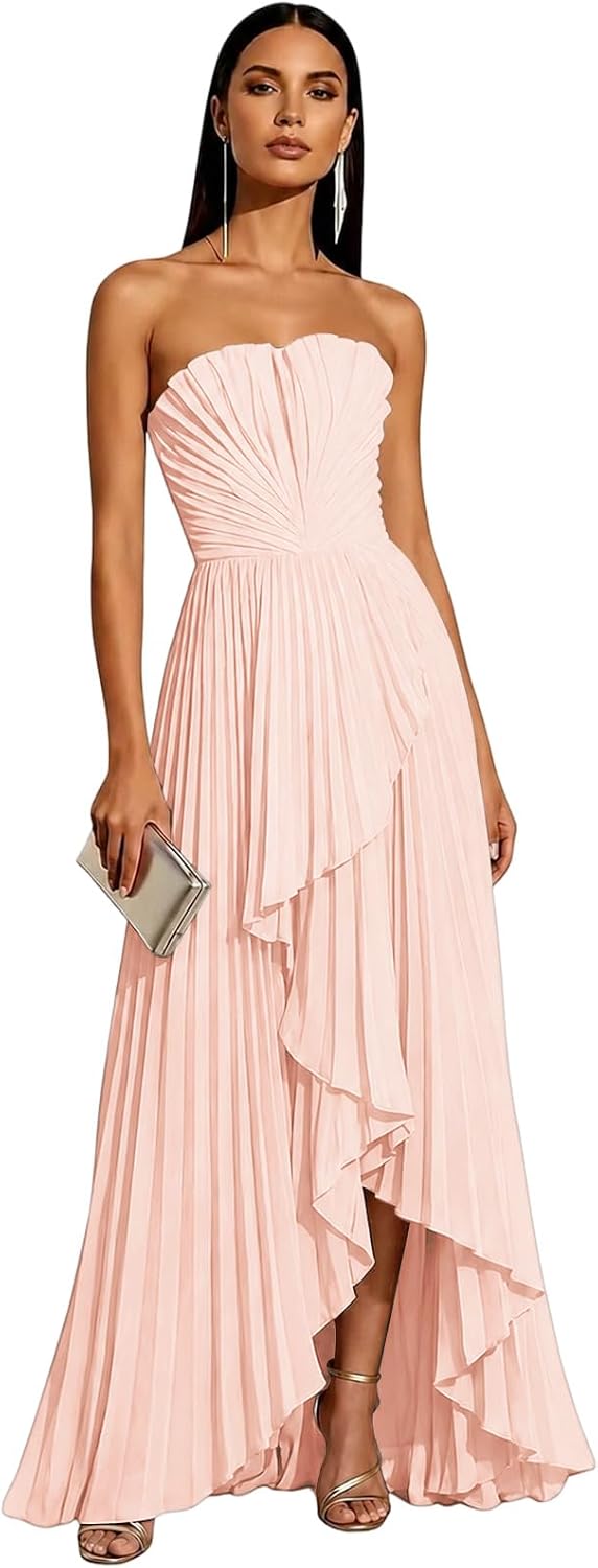 Strapless Chiffon Evening Dress with Pleats and Cascading Ruffle Hem