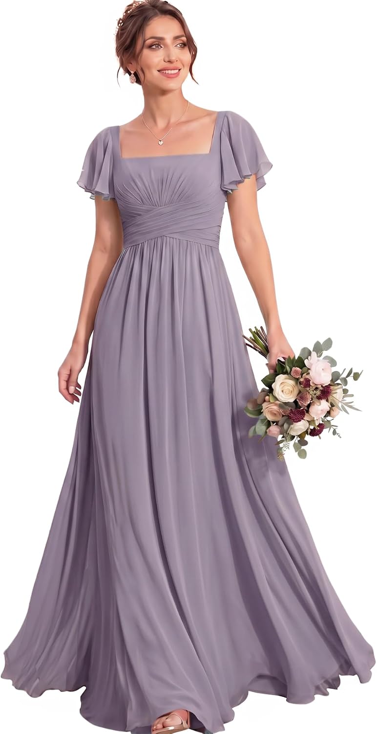Ruched Waist Chiffon Bridesmaid Dress with Square Neck and Flutter Sleeves