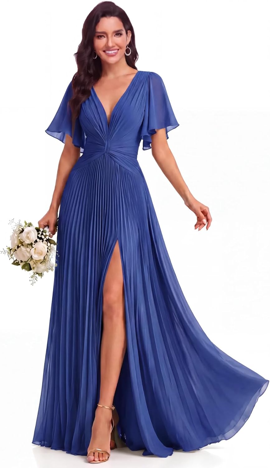 Twist-Front Pleated Chiffon Bridesmaid Dress with Flutter Sleeves