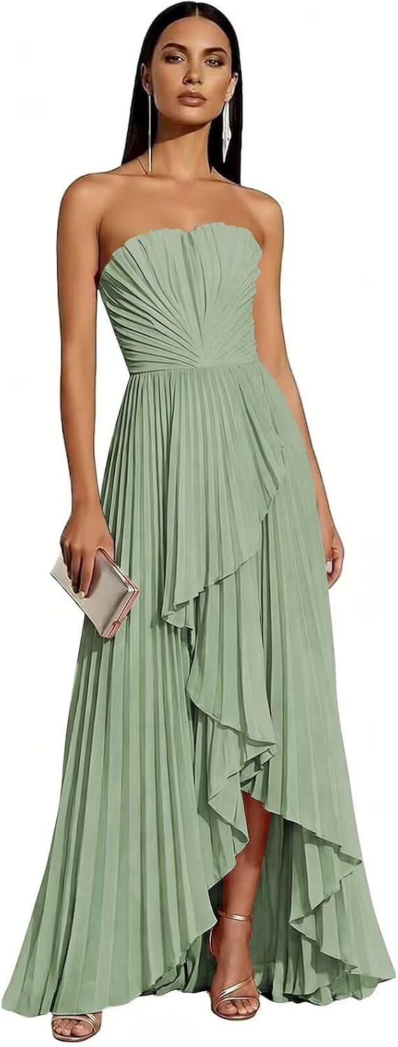 Strapless Chiffon Evening Dress with Pleats and Cascading Ruffle Hem