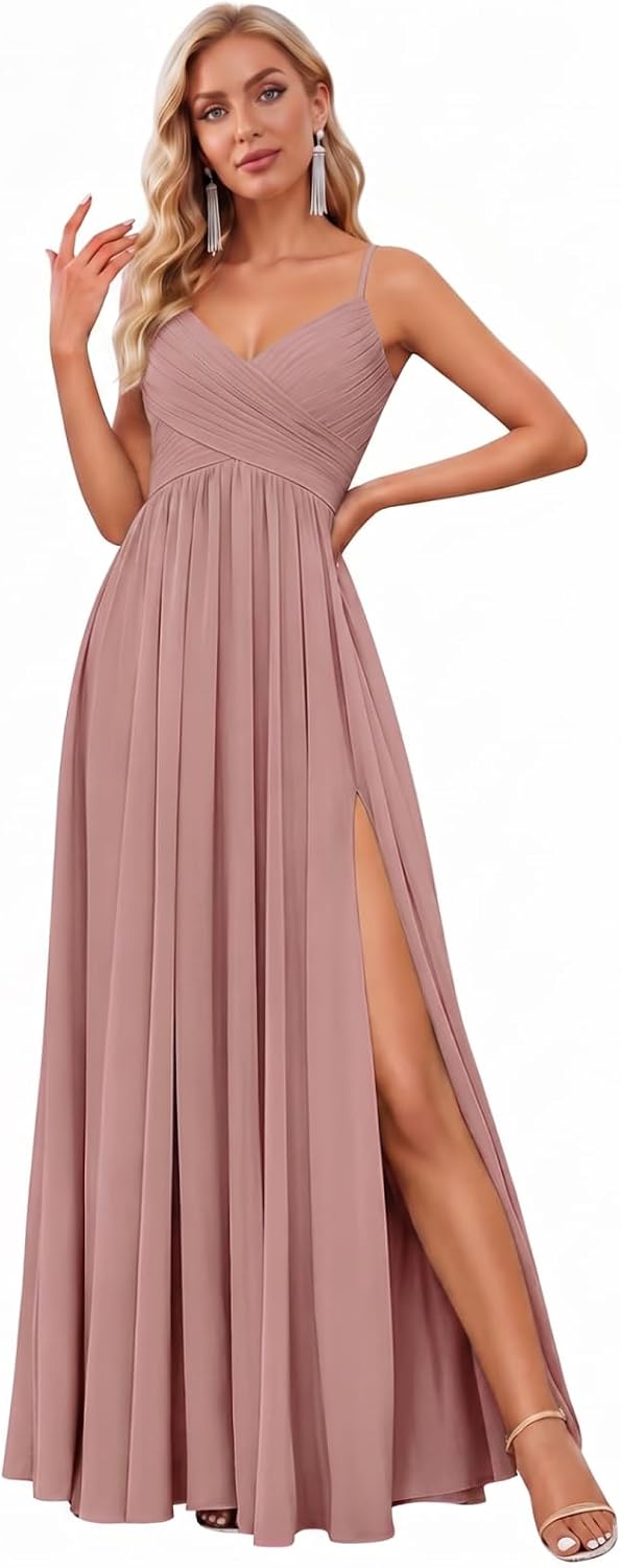 Spaghetti Strap Pleated Chiffon Bridesmaid Dress with V-Neck and Slit