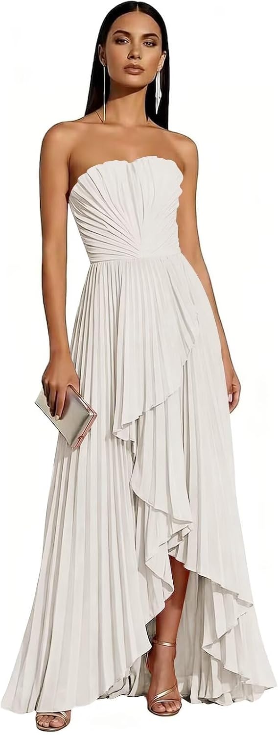 Strapless Chiffon Evening Dress with Pleats and Cascading Ruffle Hem