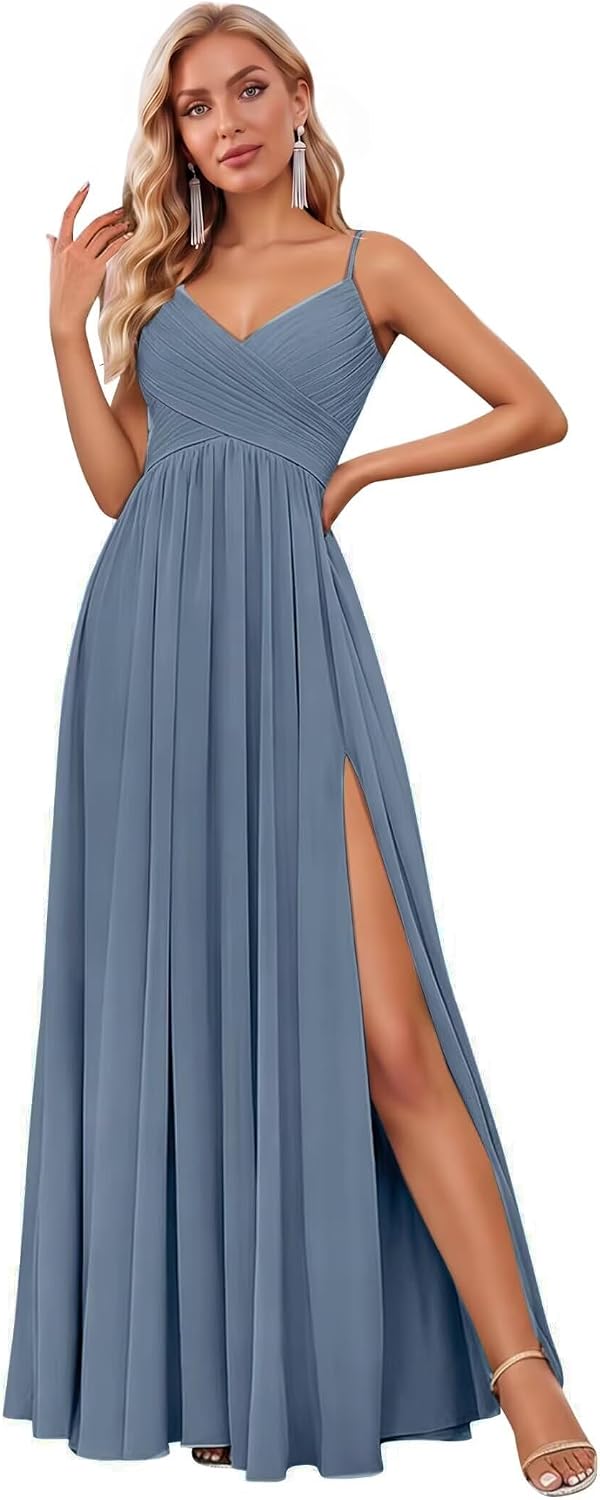 Spaghetti Strap Pleated Chiffon Bridesmaid Dress with V-Neck and Slit