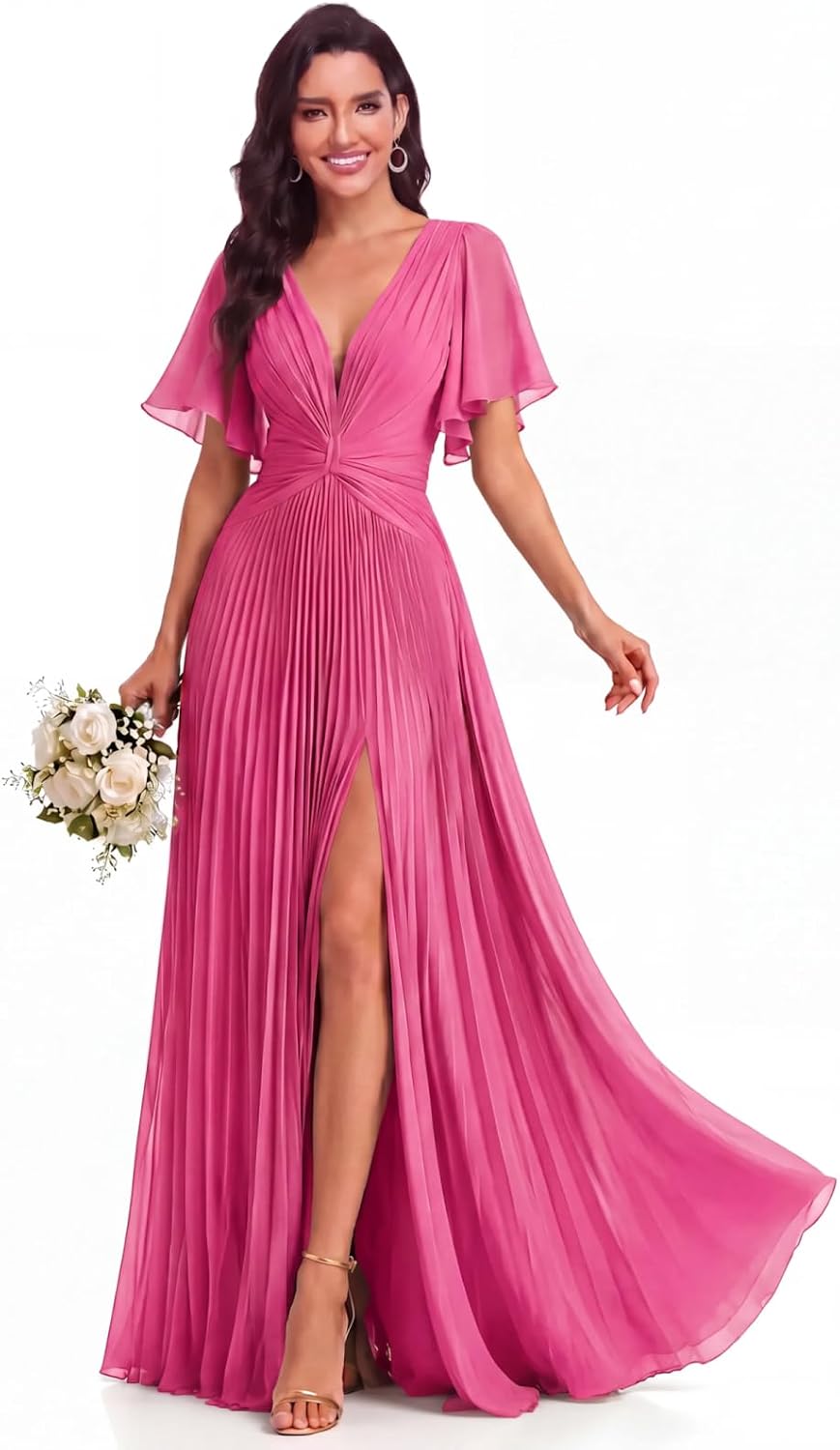 Twist-Front Pleated Chiffon Bridesmaid Dress with Flutter Sleeves