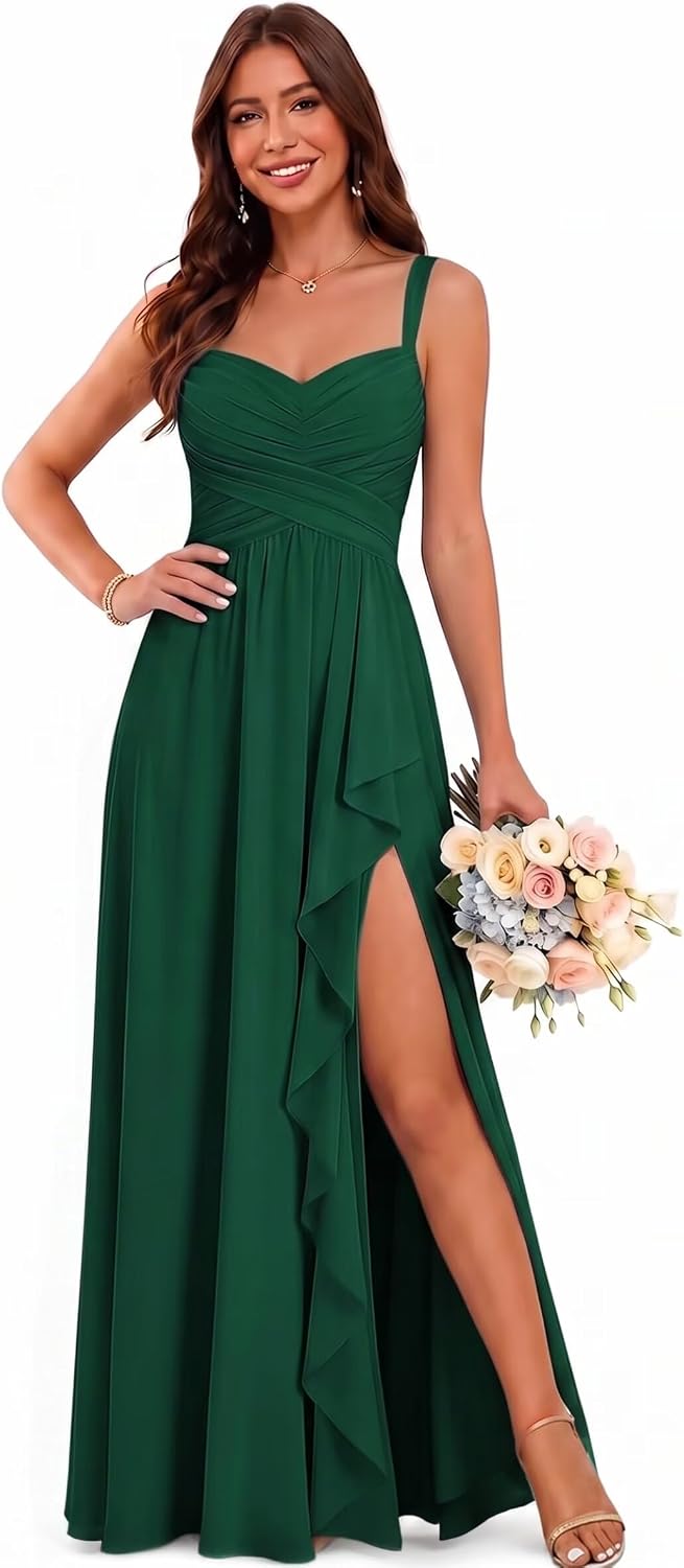 Sweetheart Chiffon Bridesmaid Dress with Pleated Bodice and Ruffle Slit