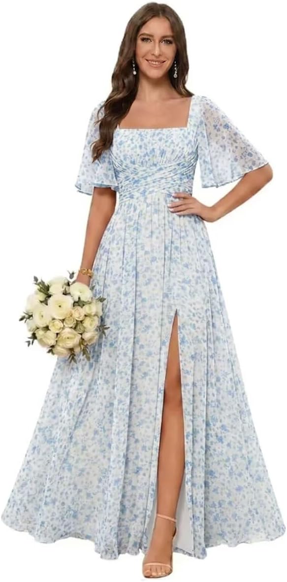Square Neck Chiffon Bridesmaid Dress with Flutter Sleeves and Slit
