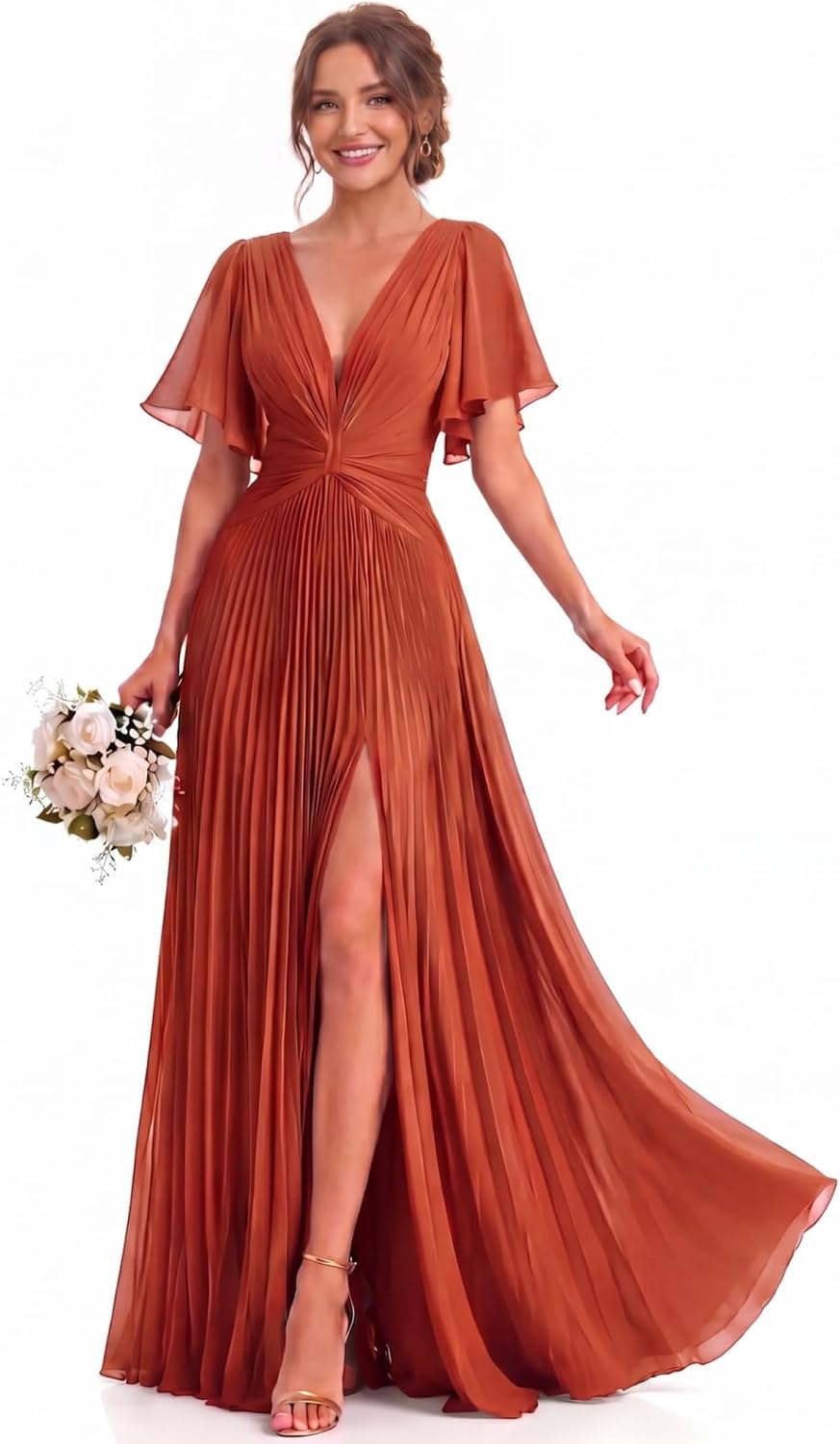 Twist-Front Pleated Chiffon Bridesmaid Dress with Flutter Sleeves