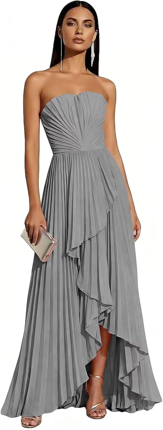 Strapless Chiffon Evening Dress with Pleats and Cascading Ruffle Hem