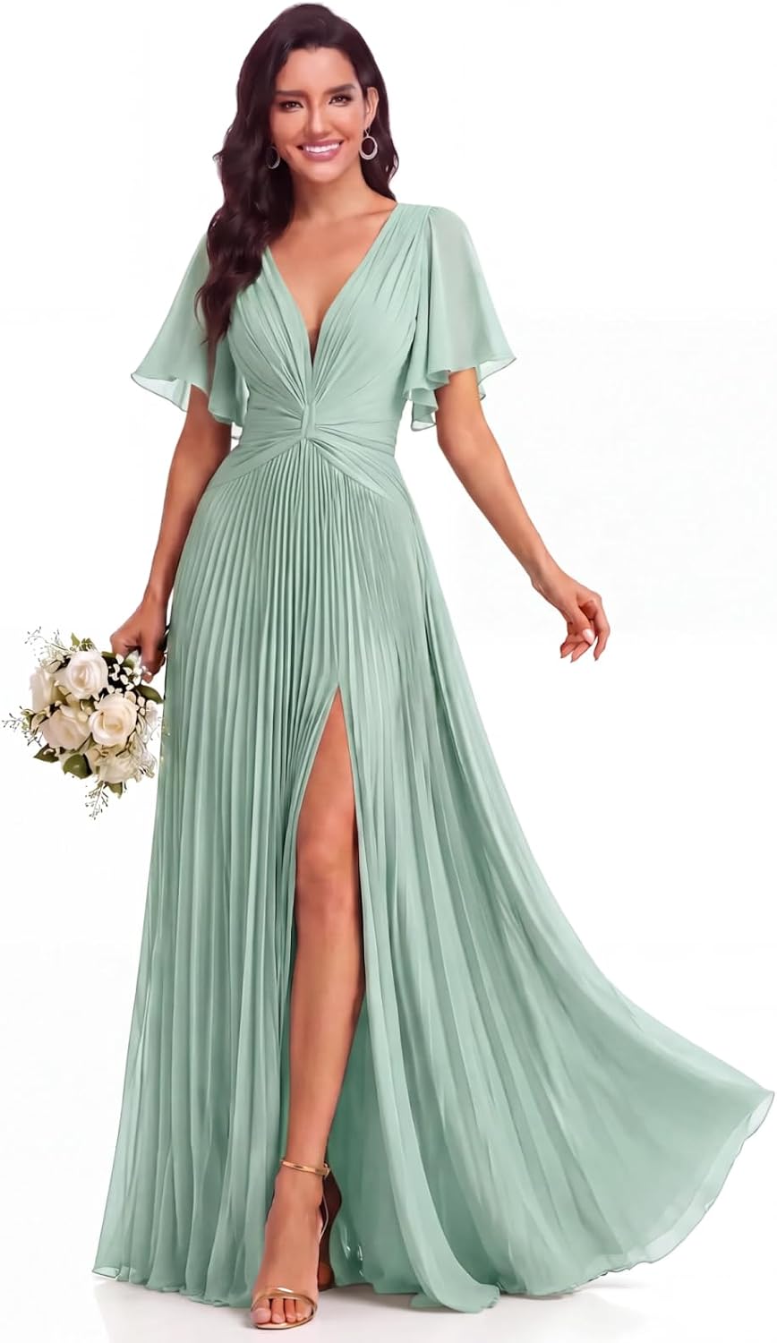 Twist-Front Pleated Chiffon Bridesmaid Dress with Flutter Sleeves