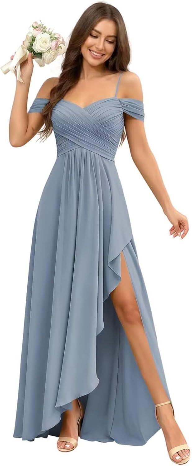 Cold Shoulder Pleated Chiffon Bridesmaid Dress with Ruffle Slit
