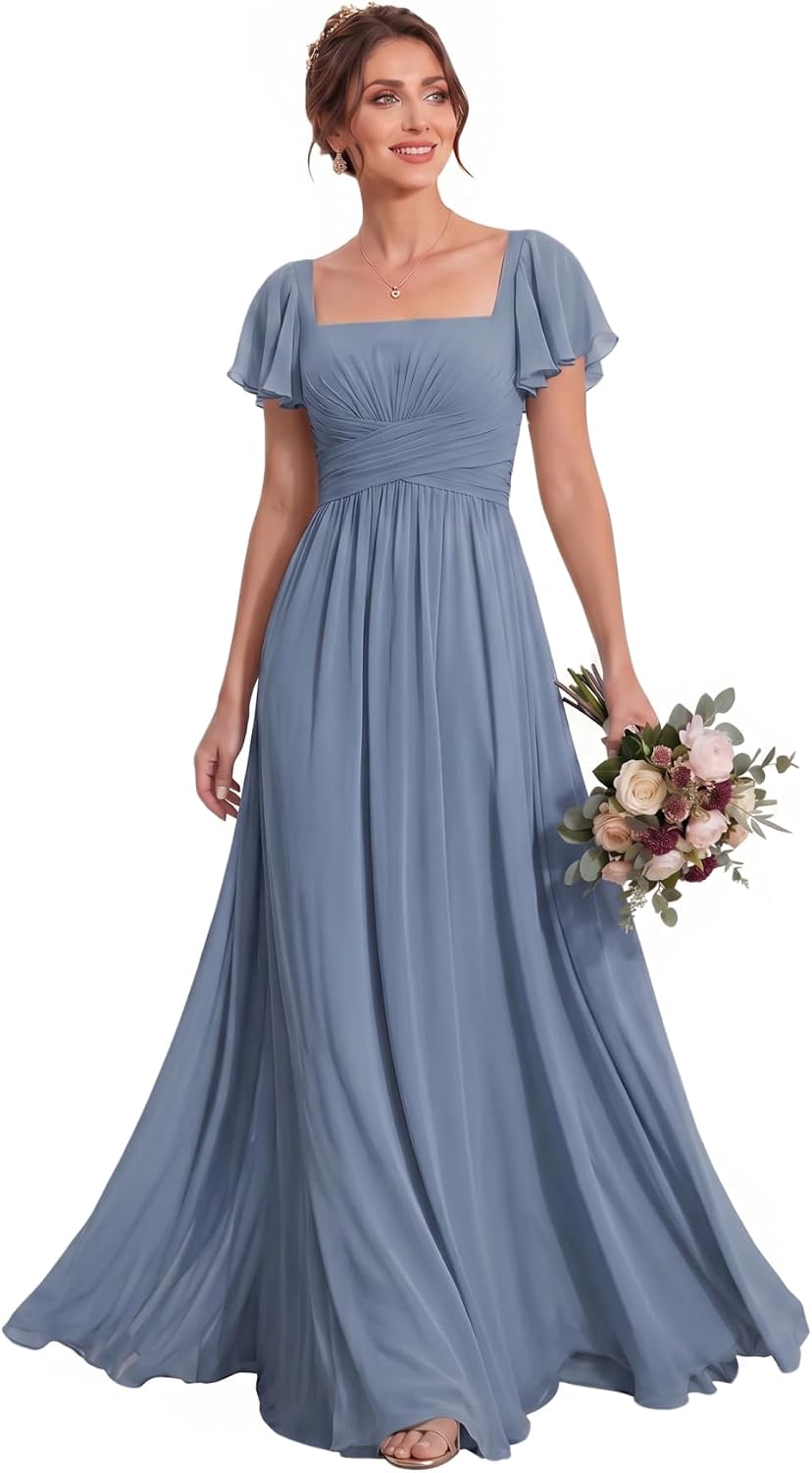 Ruched Waist Chiffon Bridesmaid Dress with Square Neck and Flutter Sleeves