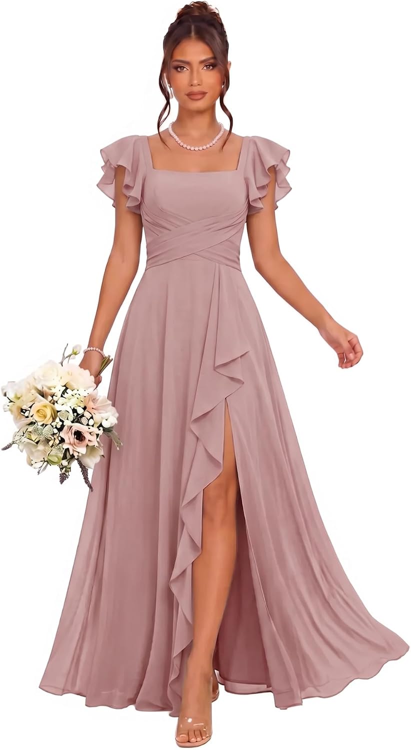 Cascading Ruffle Chiffon Bridesmaid Dress with Flutter Sleeves and Slit