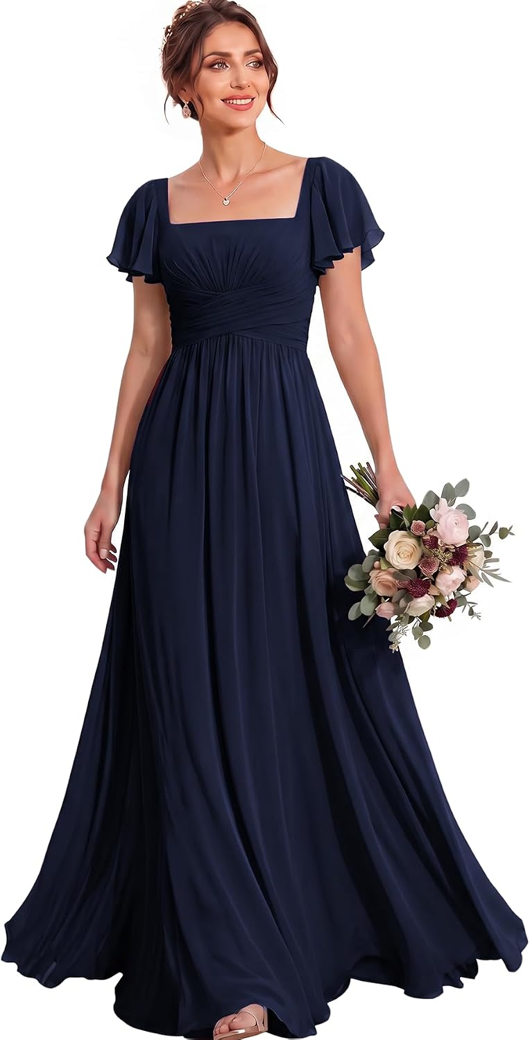 Ruched Waist Chiffon Bridesmaid Dress with Square Neck and Flutter Sleeves