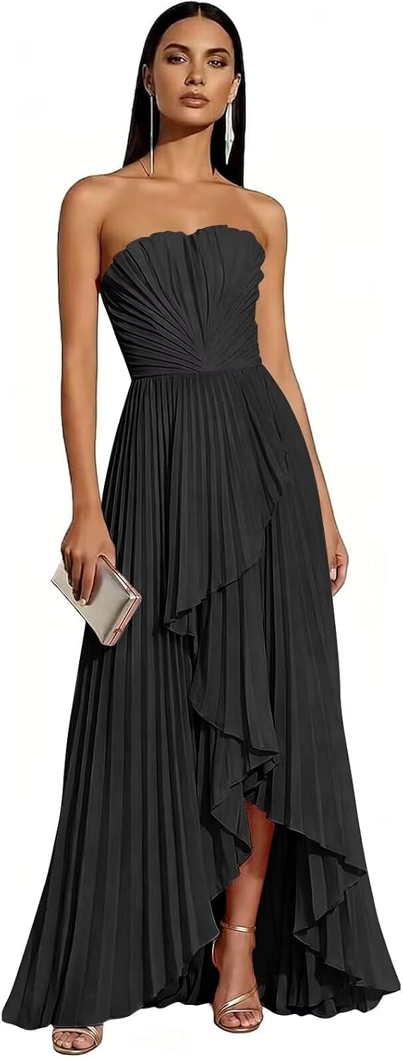 Strapless Chiffon Evening Dress with Pleats and Cascading Ruffle Hem
