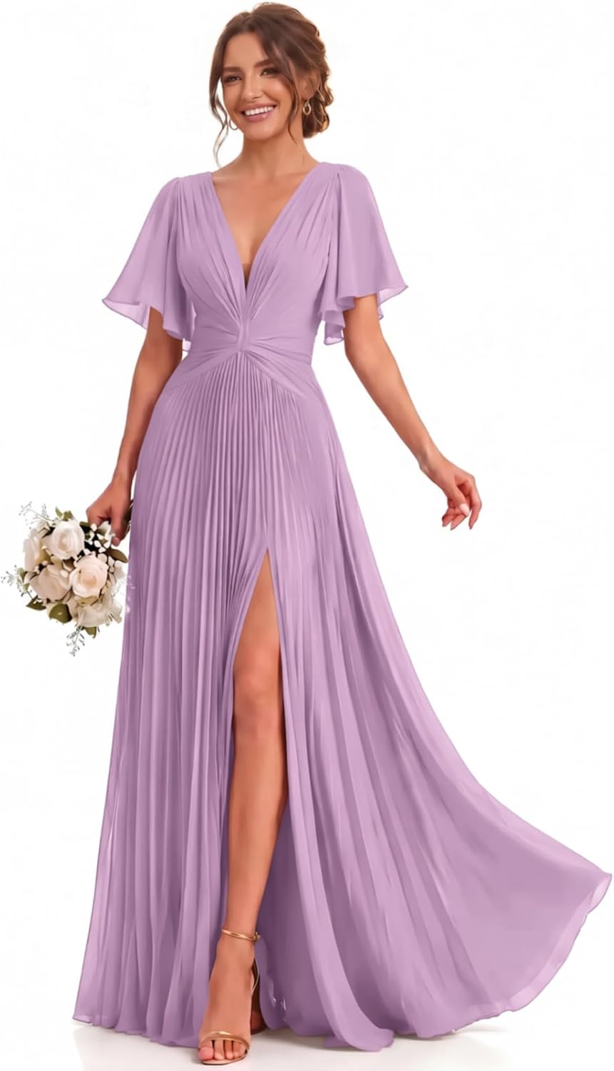 Twist-Front Pleated Chiffon Bridesmaid Dress with Flutter Sleeves