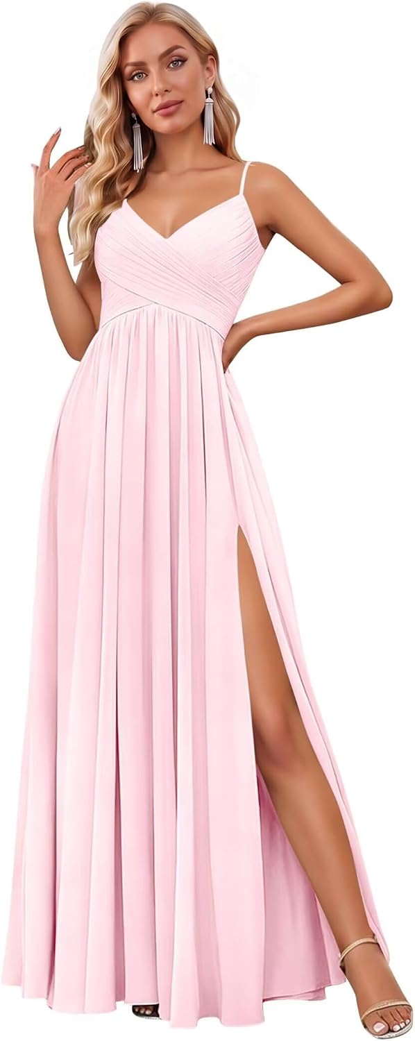 Spaghetti Strap Pleated Chiffon Bridesmaid Dress with V-Neck and Slit