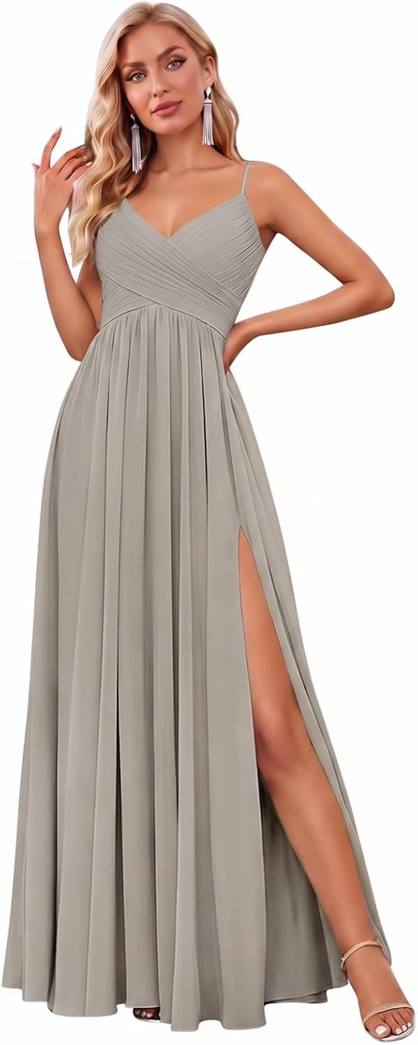 Spaghetti Strap Pleated Chiffon Bridesmaid Dress with V-Neck and Slit