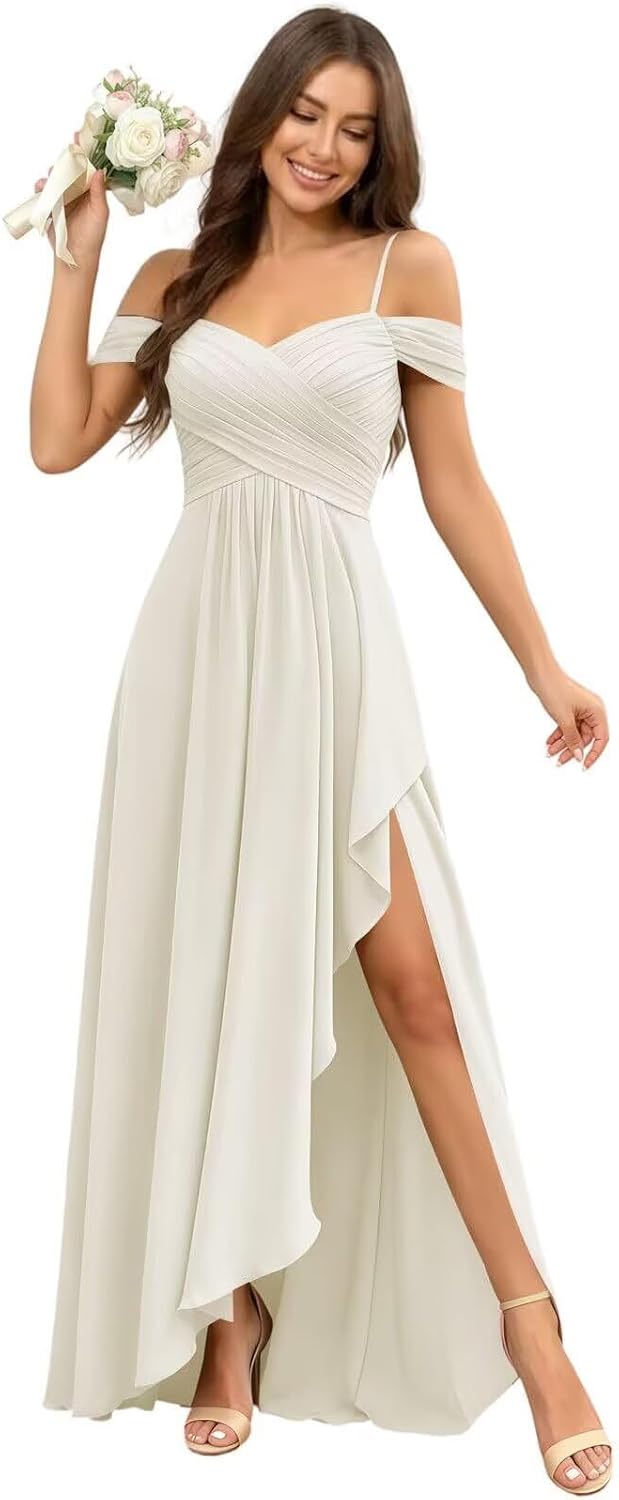 Cold Shoulder Pleated Chiffon Bridesmaid Dress with Ruffle Slit