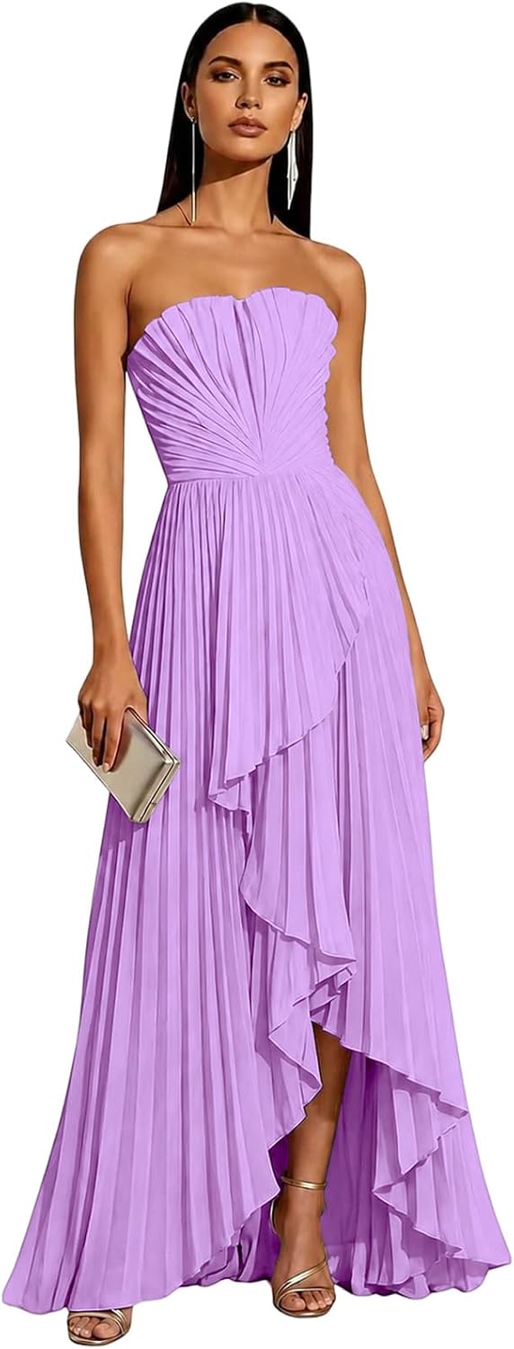 Strapless Chiffon Evening Dress with Pleats and Cascading Ruffle Hem