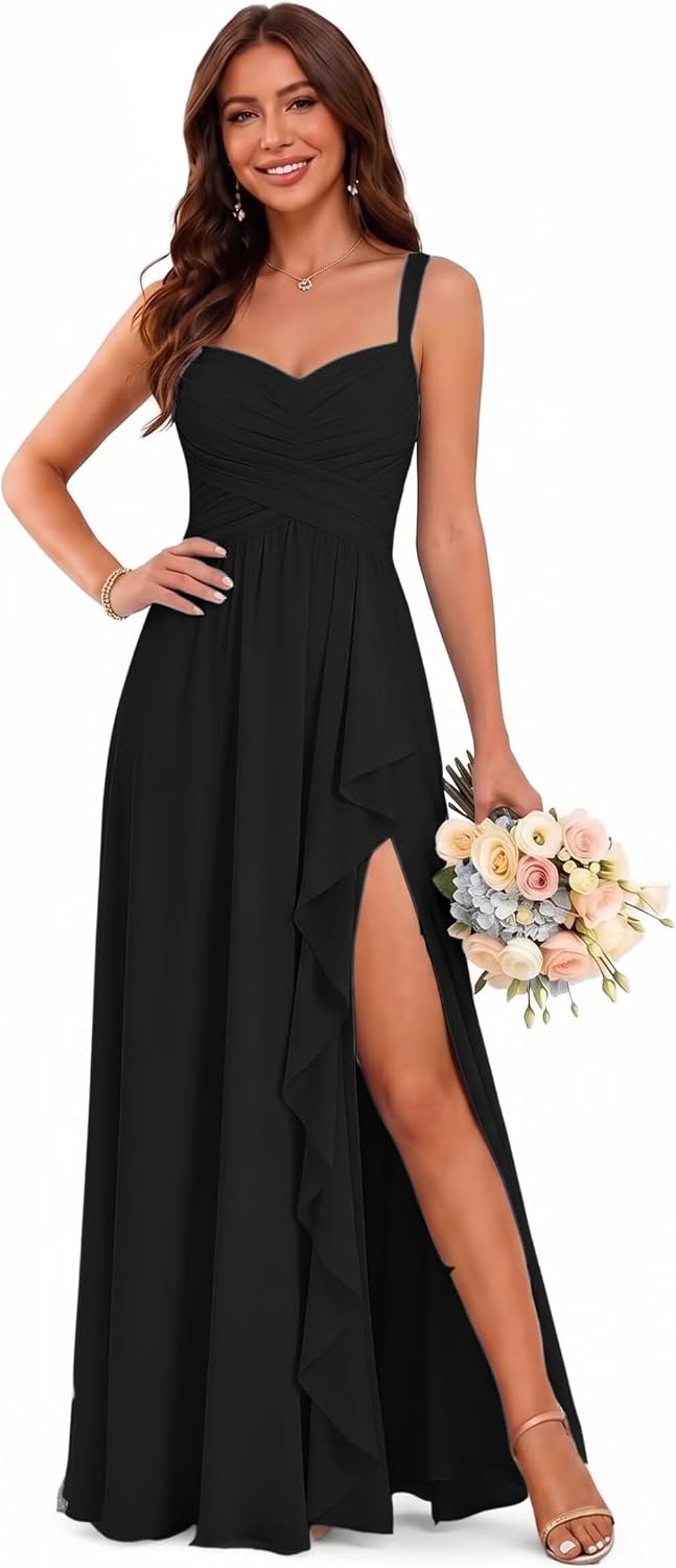 Sweetheart Chiffon Bridesmaid Dress with Pleated Bodice and Ruffle Slit