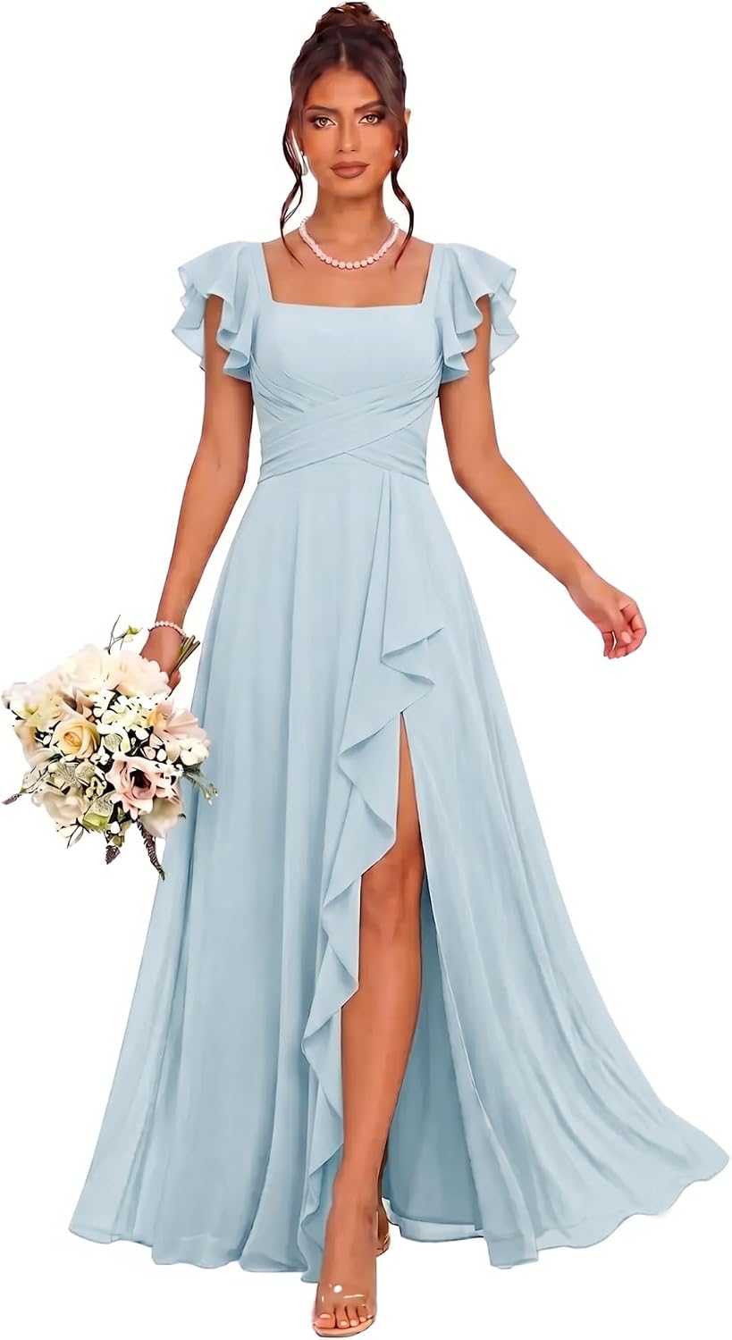 Cascading Ruffle Chiffon Bridesmaid Dress with Flutter Sleeves and Slit