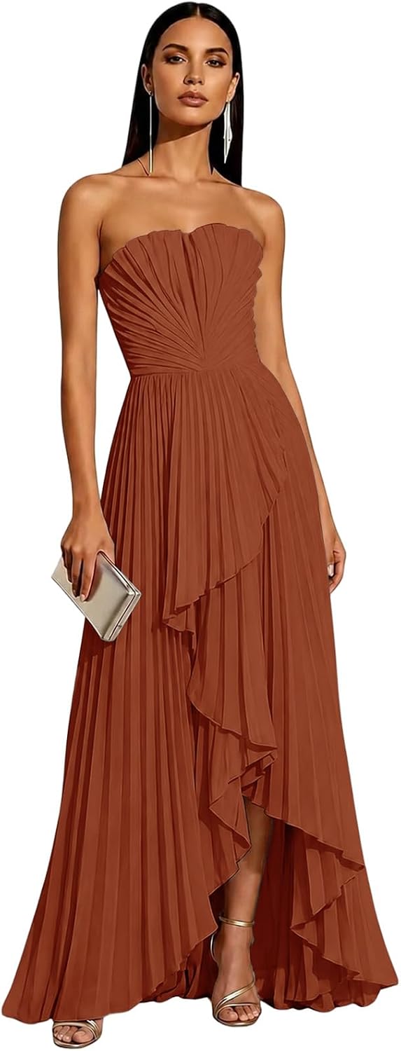 Strapless Chiffon Evening Dress with Pleats and Cascading Ruffle Hem