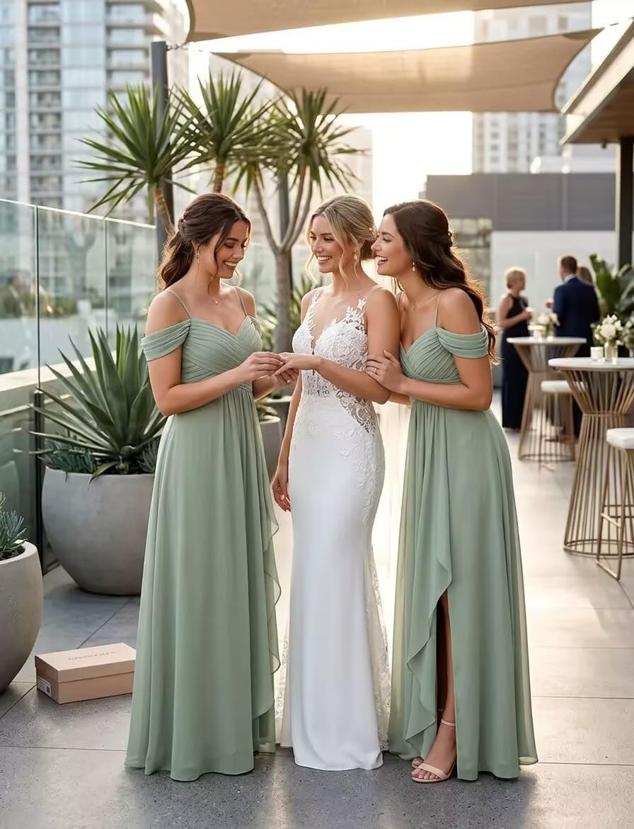 Cold Shoulder Pleated Chiffon Bridesmaid Dress with Ruffle Slit