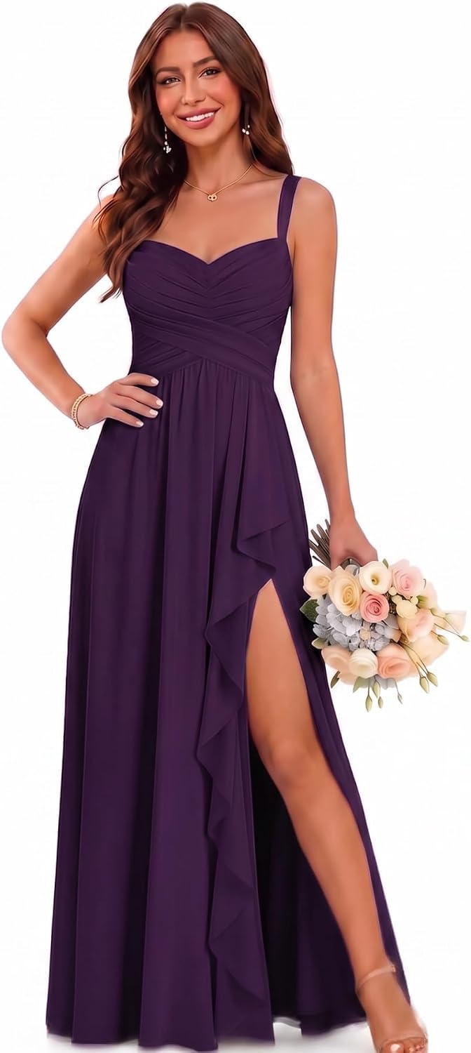 Sweetheart Chiffon Bridesmaid Dress with Pleated Bodice and Ruffle Slit