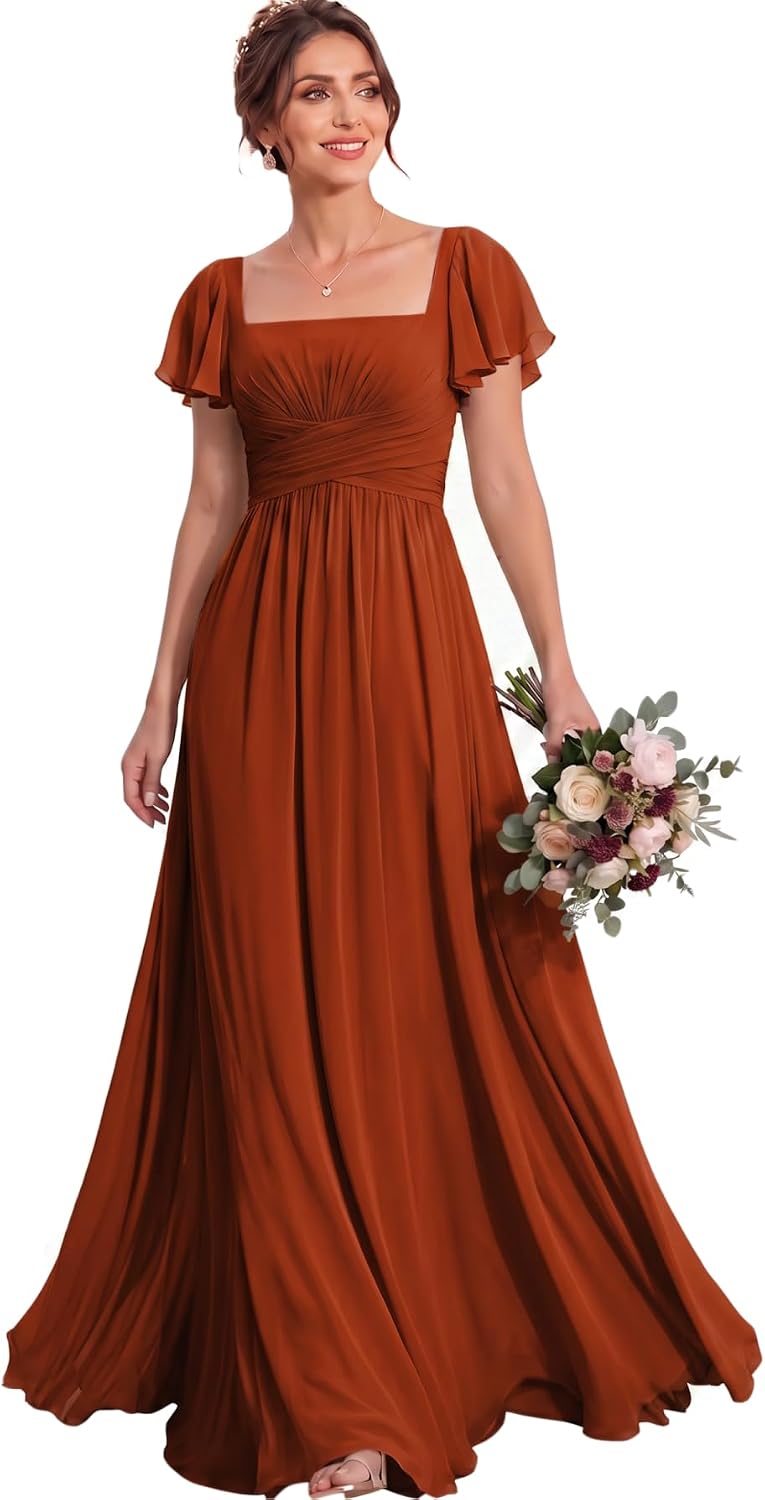 Ruched Waist Chiffon Bridesmaid Dress with Square Neck and Flutter Sleeves