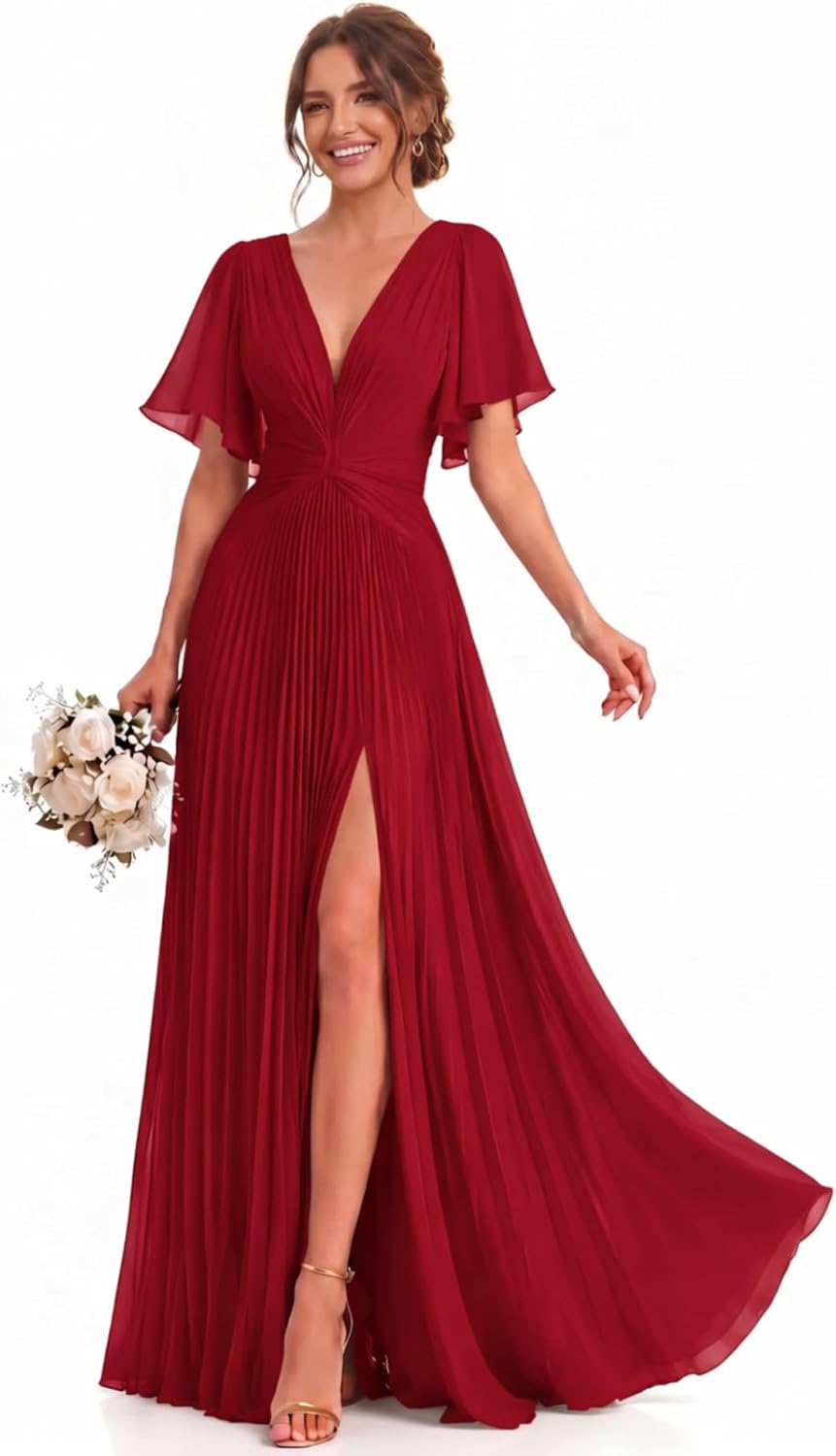 Twist-Front Pleated Chiffon Bridesmaid Dress with Flutter Sleeves