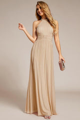 Glitter Chiffon Halter Bridesmaid Dress with Pleated Empire Waist