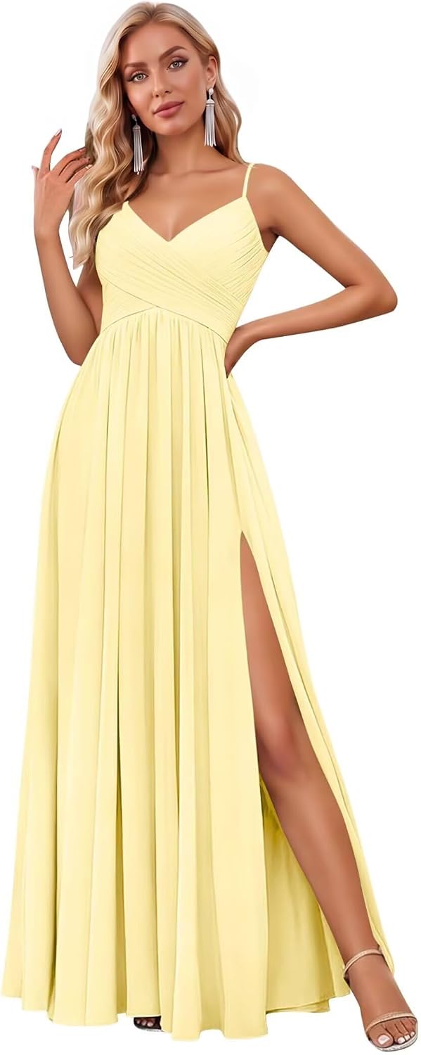 Spaghetti Strap Pleated Chiffon Bridesmaid Dress with V-Neck and Slit