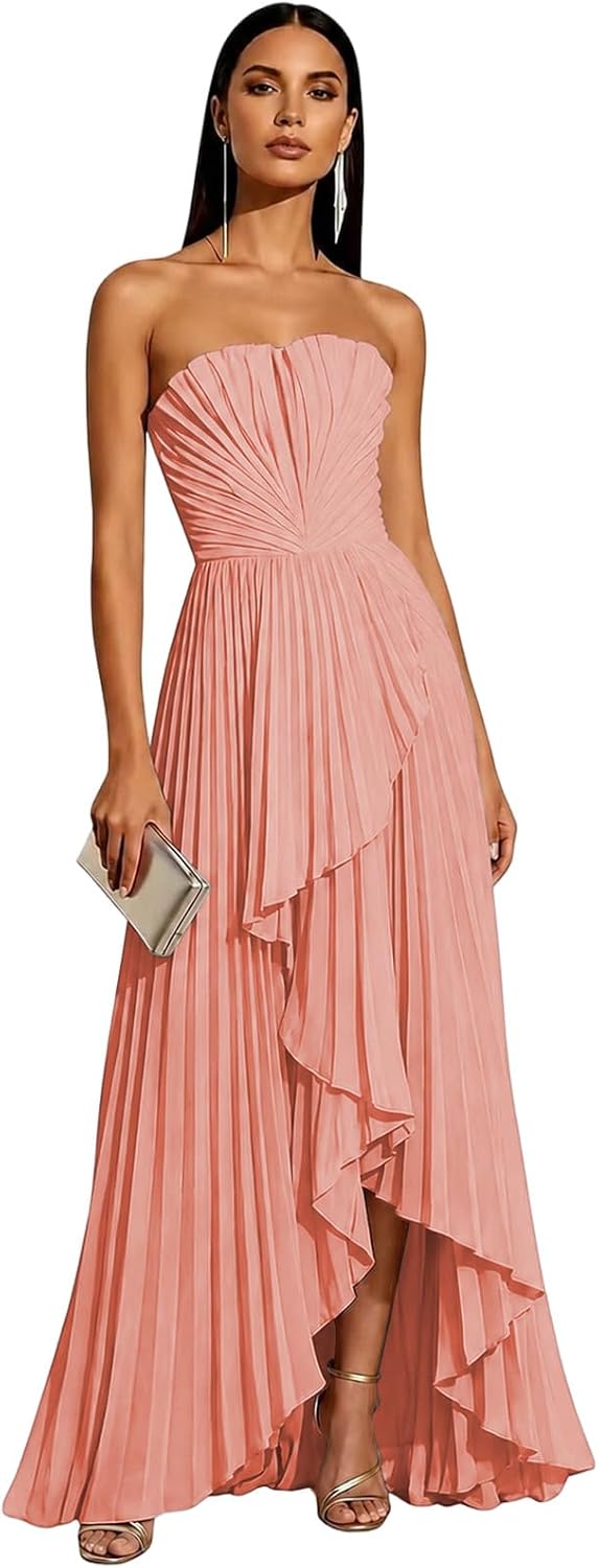 Strapless Chiffon Evening Dress with Pleats and Cascading Ruffle Hem