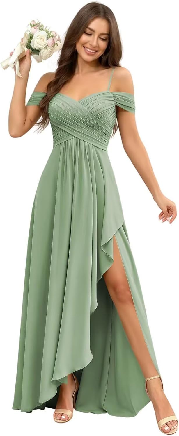 Cold Shoulder Pleated Chiffon Bridesmaid Dress with Ruffle Slit