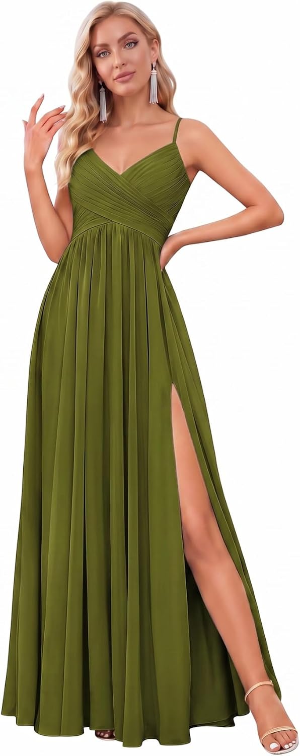 Spaghetti Strap Pleated Chiffon Bridesmaid Dress with V-Neck and Slit