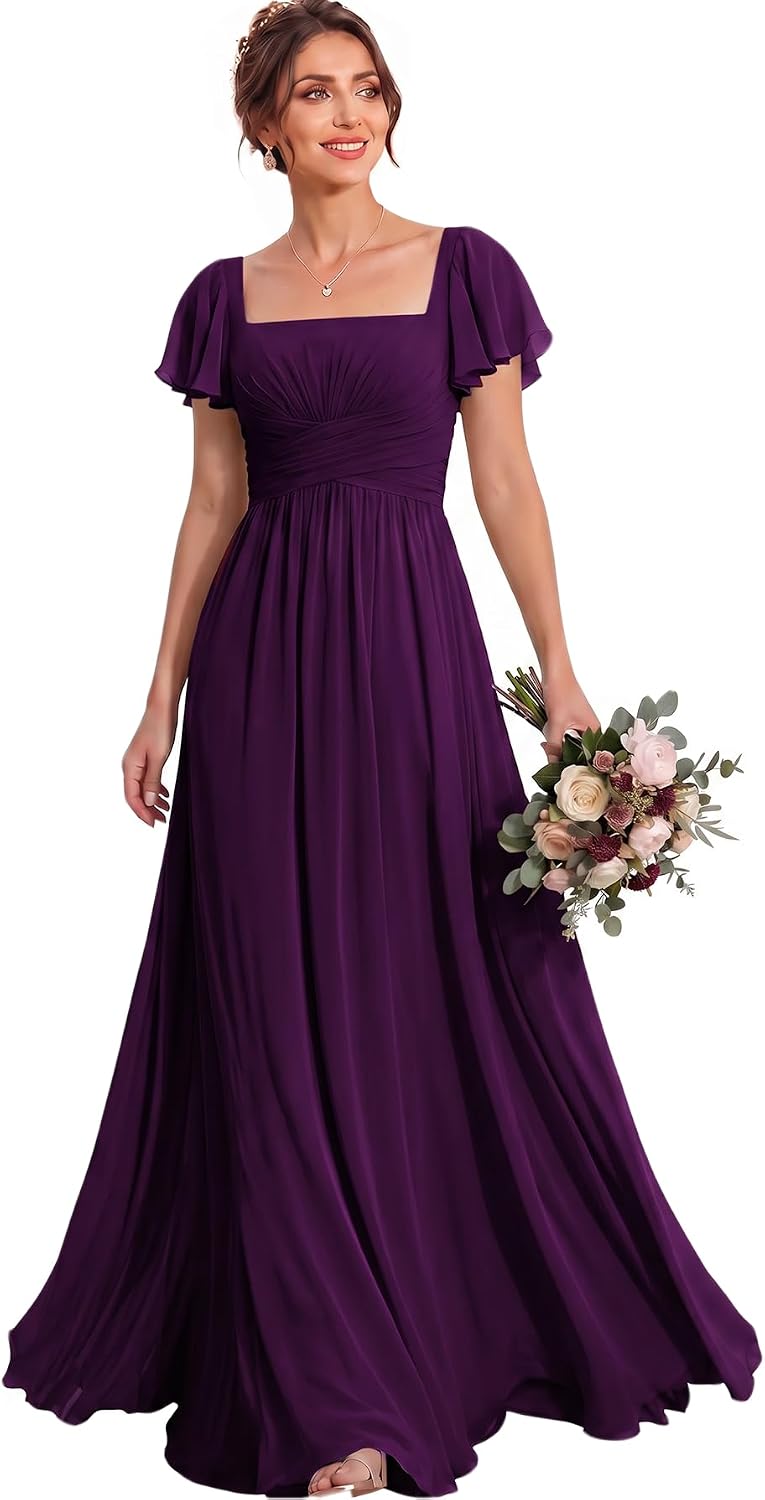 Ruched Waist Chiffon Bridesmaid Dress with Square Neck and Flutter Sleeves