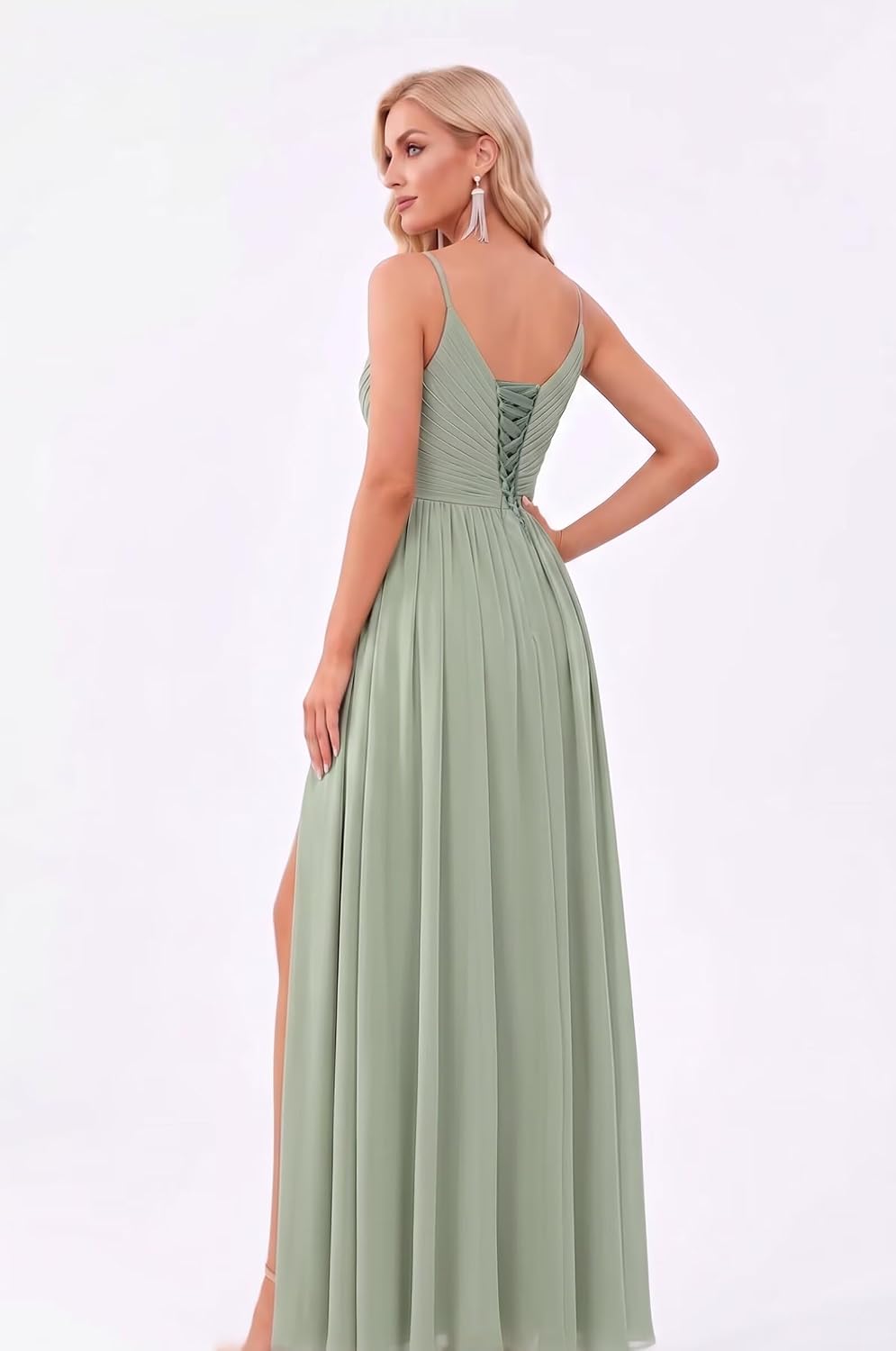 Spaghetti Strap Pleated Chiffon Bridesmaid Dress with V-Neck and Slit