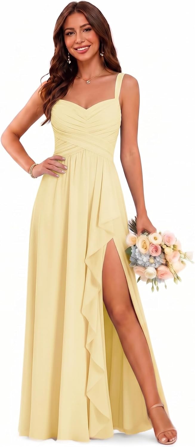 Sweetheart Chiffon Bridesmaid Dress with Pleated Bodice and Ruffle Slit