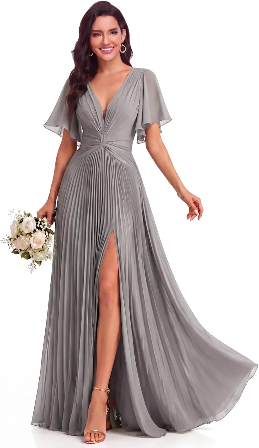Twist-Front Pleated Chiffon Bridesmaid Dress with Flutter Sleeves