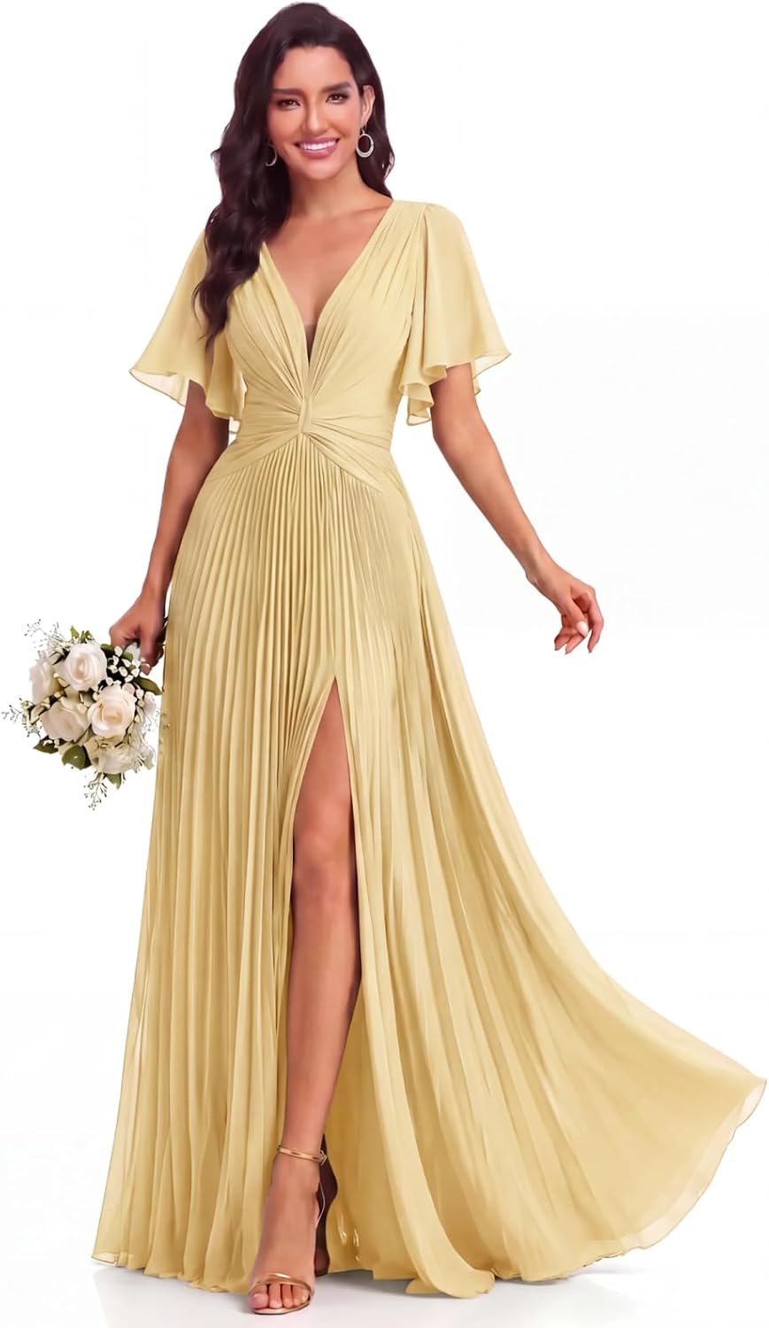 Twist-Front Pleated Chiffon Bridesmaid Dress with Flutter Sleeves