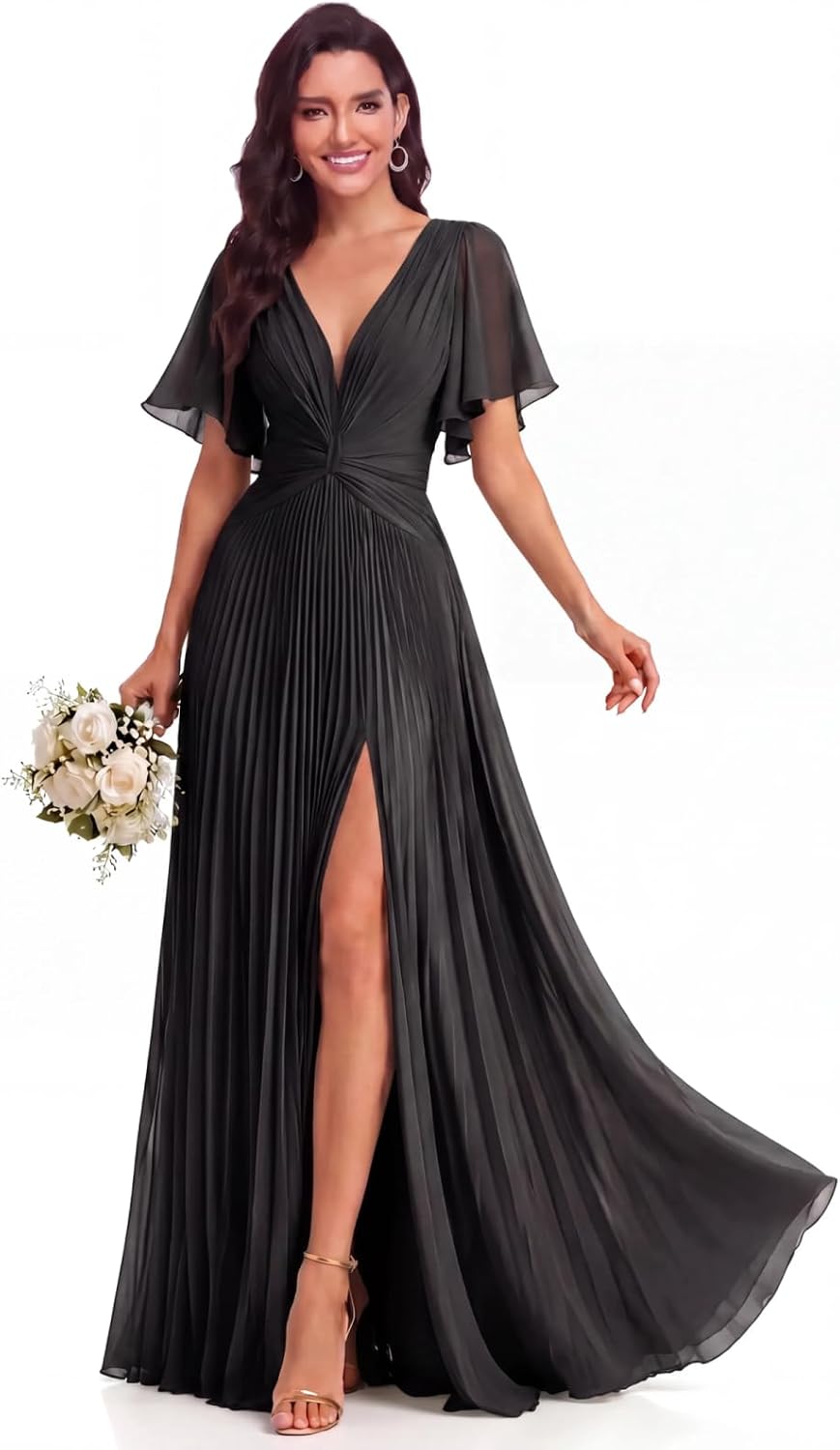 Twist-Front Pleated Chiffon Bridesmaid Dress with Flutter Sleeves