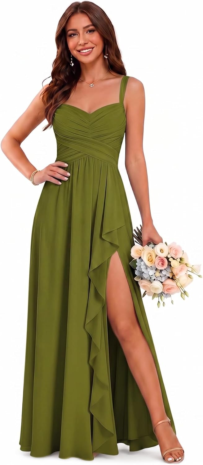 Sweetheart Chiffon Bridesmaid Dress with Pleated Bodice and Ruffle Slit