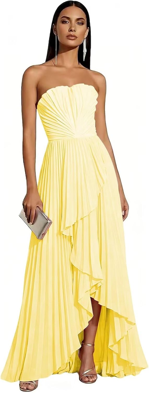 Strapless Chiffon Evening Dress with Pleats and Cascading Ruffle Hem